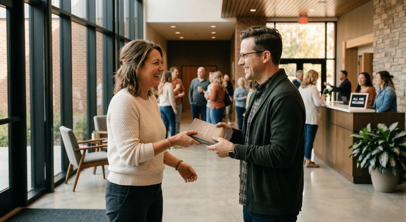 Two people exchanging a book in a bright church foyer